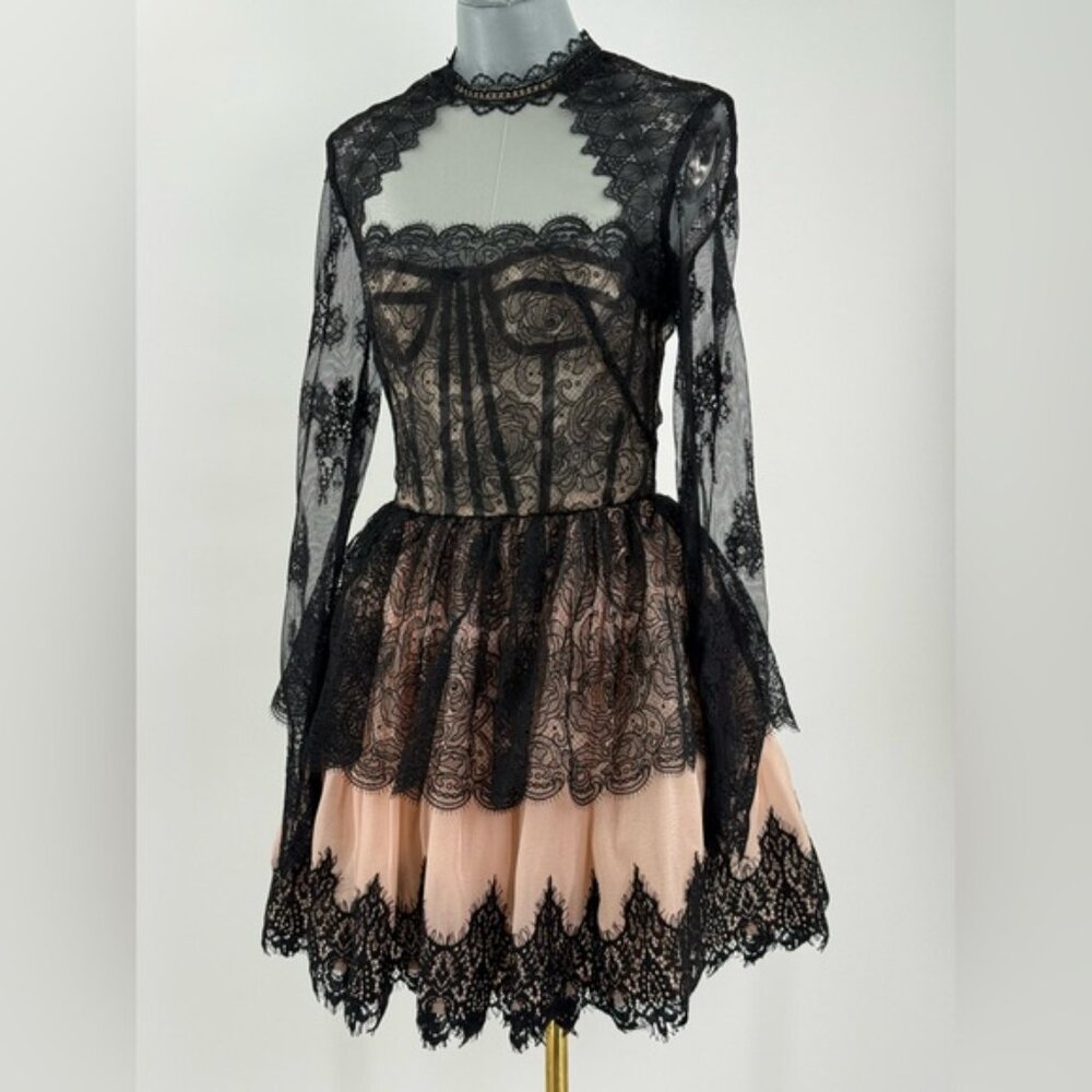 🆕 BRONX & BANCO 🧿 NWOT Daphne Illusion Lace Long Sleeve Mini Dress, Sz XS US 2 - Picture 10 of 14